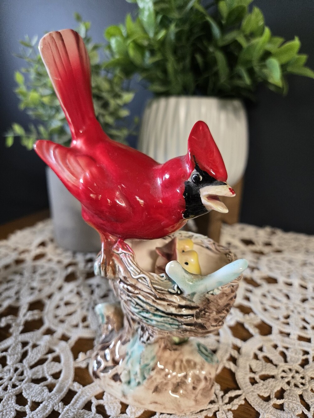 Japanese Cardinal with Chicks Ceramic Figurine